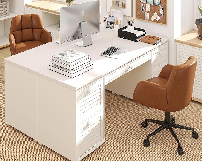 Modern PU Leather Office Chair Set of 2, Height Adjustable Comfy Desk Chair with Wheels, 18.3” Wide Swivel Armchair for Living Room Home Office Computer, Brown