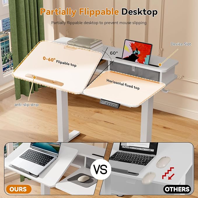 White Standing Desk，60° Tiltable Height Adjustable Electric Rising Desk，40Inch Foldable Mobile Laptop Table with Shelf,Monitor Stand, Drawer ,Flippable Drafting Workstation on Wheels for Kids’ Drawing