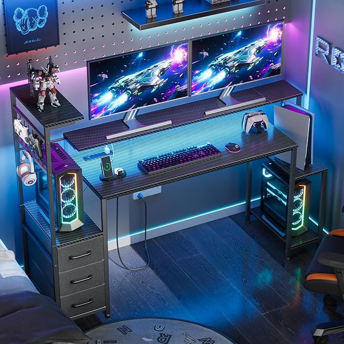 Korfile 55 Inch Gaming Desk with Bluetooth LED Lights & Power Outlets,Computer Desk with Fabric Drawers & Hooks,Reversible Gamer Table with Monitor Stand for Game Room,Home Office,Carbon Fiber Black