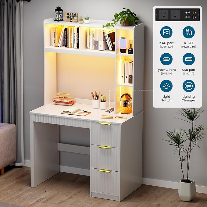 WOOVIVS Home Office Desk with Hutch & LED Lights - 39" Computer Desk with Charging Station, 3 Large Drawers, Hidden Compartment & Fluted Panel Design,White Writing Desk for Bedroom, Study