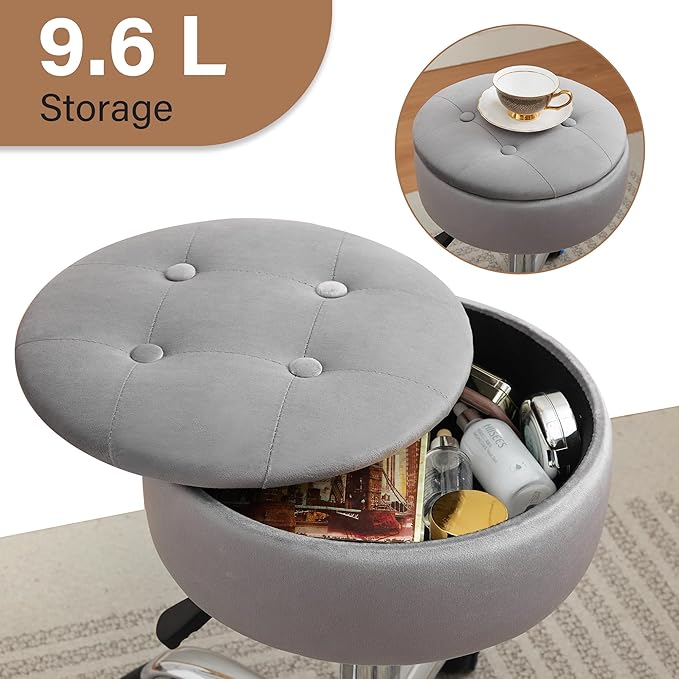 Gitrah Vanity Chair with Wheels Adjustable Vanity Stool with Storage Swivel Vanity Stool for Vanity Rolling Makeup Chair Grey