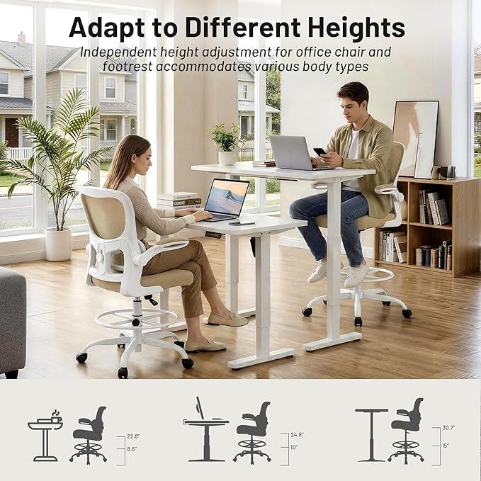 AreShark Drafting Office Chair - Ergonomic Tall Office Chair with Adjustable Footrest Ring - Counter Height Adjustable Rolling Standing Desk Chair with Lumbar Support and Flip-up Armrests for Home