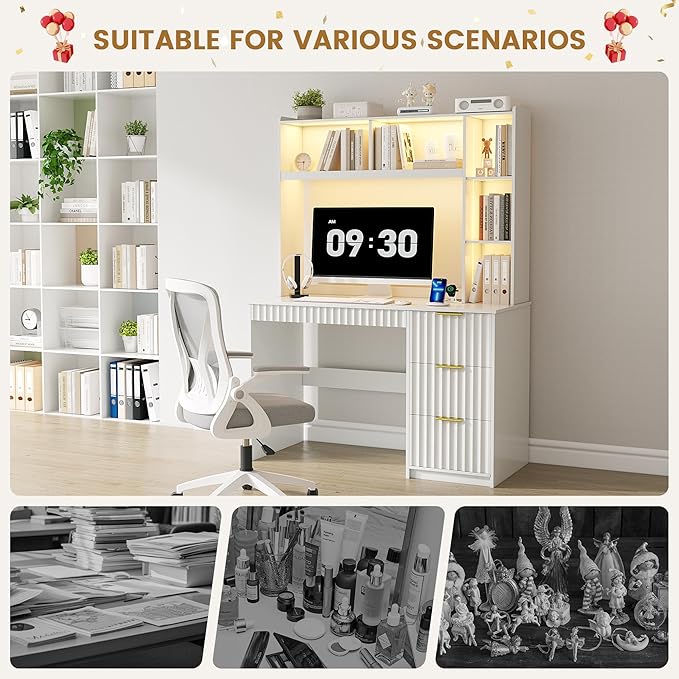 Lvifur LED Study Desk - with Hutch & Storage Cabinet,Home Office Desk with Outlet and 3 Color LED and Card-Based Lock,Writing Desk Computer Desks for Studyroom,Ideal for Office Set,White