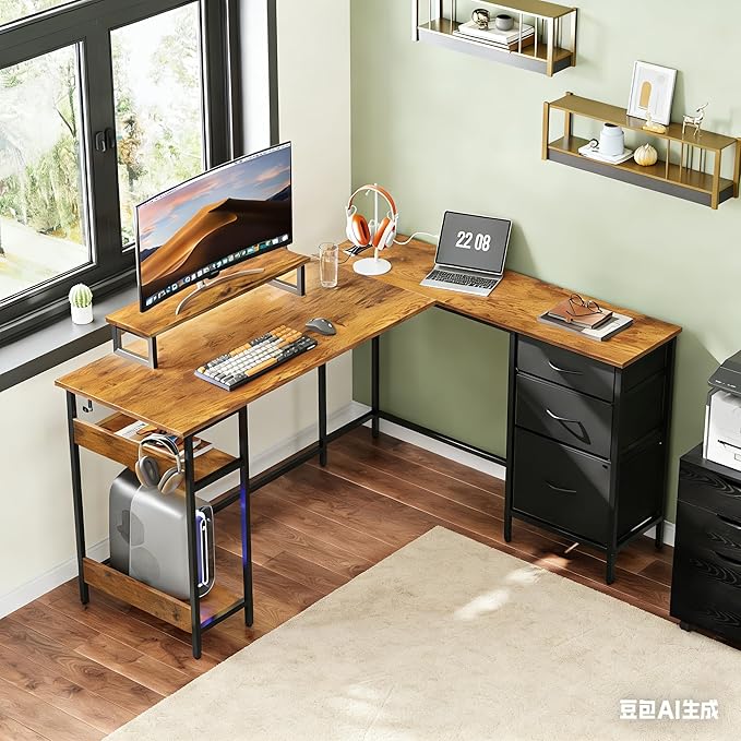 DEVAISE L Shaped Desk with Drawers and Storage, L Shaped Office Desk with Power Outlets, CPU Stand, Monitor Stand, Gaming Table with LED, Corner Desk for Home Office (Rustic Brown, 55 * 46 Inch)