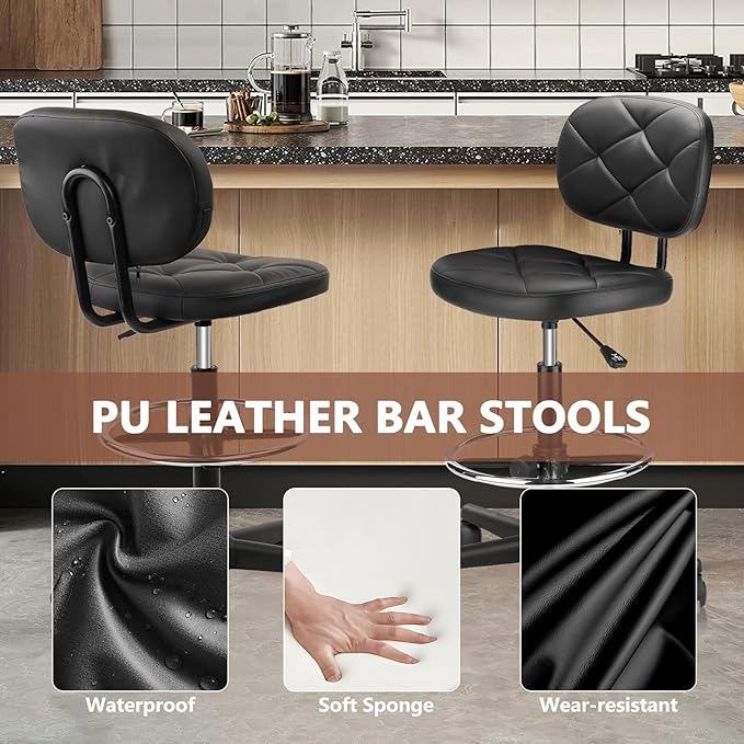 KLASIKA Tall Drafting Rolling Stool Chair with Low Back Support and Adjustable Foot Rest Ring Set of 4 PU Leather Vinly Wide Seat Swivel Standing Desk Chair for Office Home 4 Pack