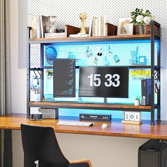 REIBII 45.2" Desk Shelf with LED Lights and Hooks,2-Tier Adjustable Multipurpose Solid Wood Desk Hutch Dorm,Desktop Organizer Rack with 3 Display Rack for Dorm,Office Home,Rustic Brown