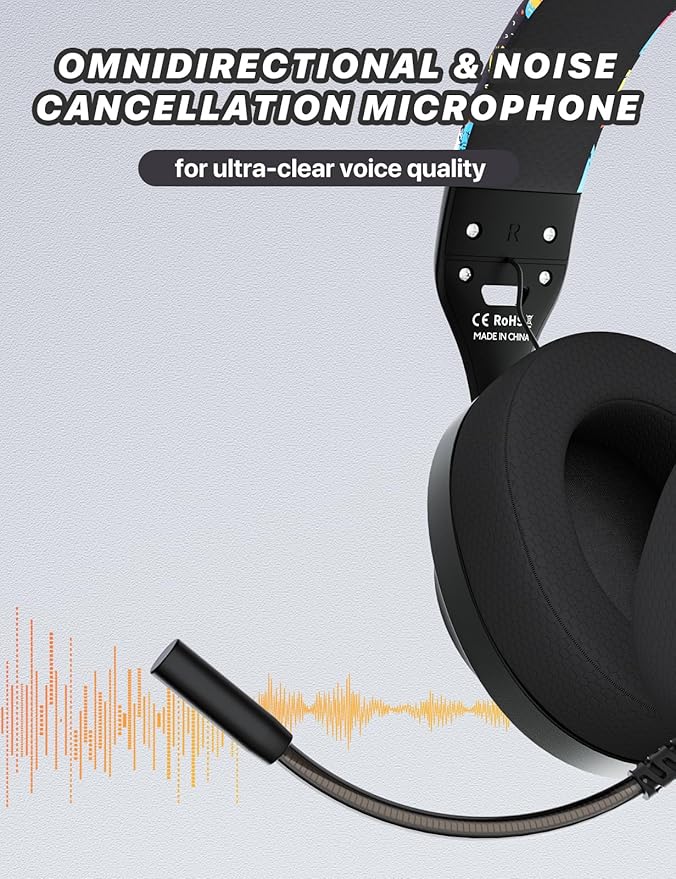 WIRWTRU S30 Gaming Headset with Microphone,198g Lightweight Design, Wired Gaming Headphones for Xbox, Xbox Series X|S, PS5, PS4, Switch, PC, Noise Cancelling Mic, Soft Earmuffs (Graffiti)
