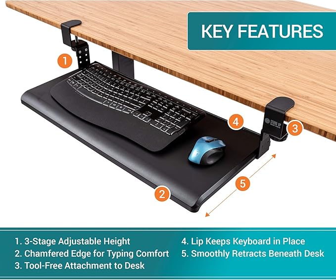 Stand Up Desk Store Compact Clamp-On Retractable Adjustable Height Under Desk Keyboard Tray | for Desks Up to 1.5" (Small, 24.5" Wide)