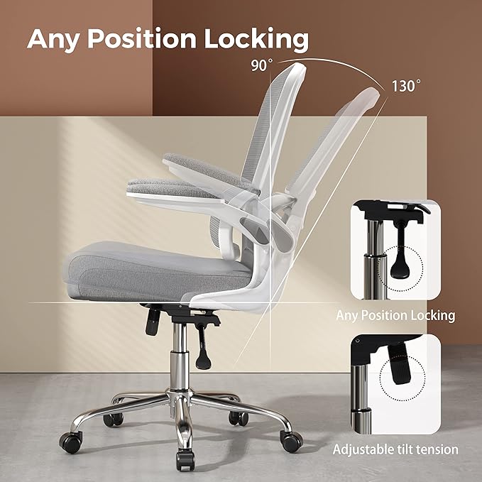 Logicfox Ergonomic Office Chair, Comfortable Office Chair with Flip-up Arms, Adaptive Lumbar Support, Mesh Computer Chair with Thick Cushion, White Desk Chair with 90°-130° Tilt Function