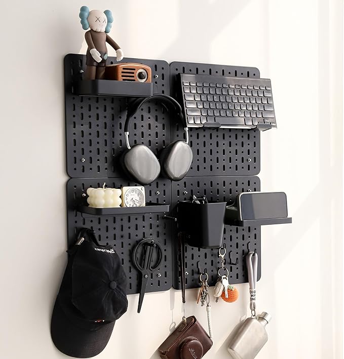 No Drill Pegboard Wall Organizer - HIPS Material Gaming & Office Storage with Accessories, White/Black/Pink Combination for Men Women Space-Saving (Black)