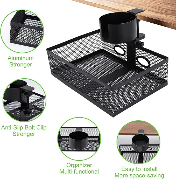 Gugxiom 360 Under Desk Organizer With Cup Holder, Hidden Storage Drawer, Sturdy C-Clamp for Home Office (White)