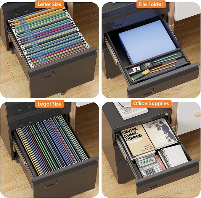 METAN Metal 3 Drawer Mobile File Cabinet with Lock, Under Desk Metal Filing Cabinet for Legal/Letter File, Need Assembley, Black