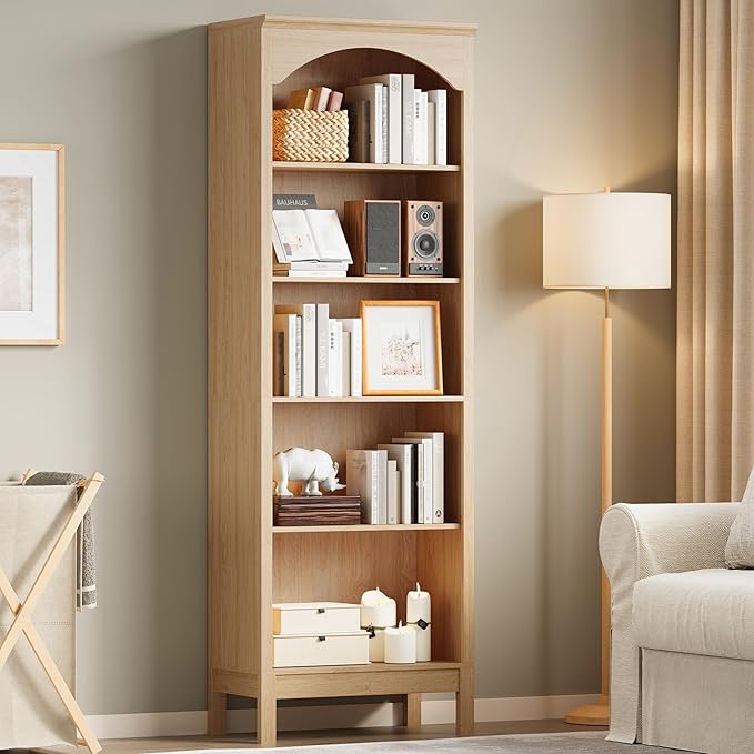 Arched Bookshelf with 5 Tier Open Shelves, 71" Tall Wood Bookcase with Adjustable Shelves, 24" Wide Floor Standing Display Storage Shelf for Home Office, Kitchen, Study and Living Room, Natural Oak