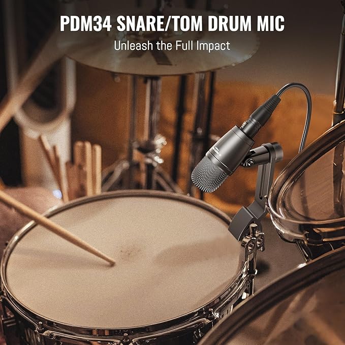 Phenyx Pro PDM34 Snare Drum Mic, Cardioid Dynamic Microphone with Clip-on Microphone Clamp, Integral Stand Mount, and Long-Lasting Metal Housing