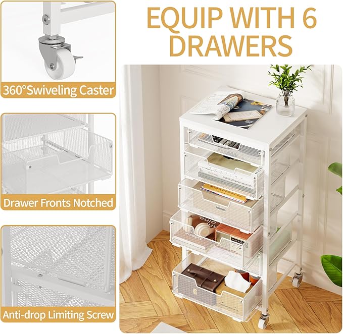 Sbanmao 6 Drawers Rolling Utility Cart, Rolling Storage Cart with Wooden Tabletop, Storage Drawer Cart on Lockable Wheels, Craft Cart for Bedroom, Classroom, Office, White