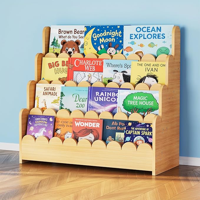 SpaceAid 4-Tier Scalloped Bookshelf, Montessori Bookcase for Toddlers, Wooden Book Shelf Organizer Display Furniture for Kids Rooms, Playroom, Nursery and Classroom, 29.6“ Wide, Natural