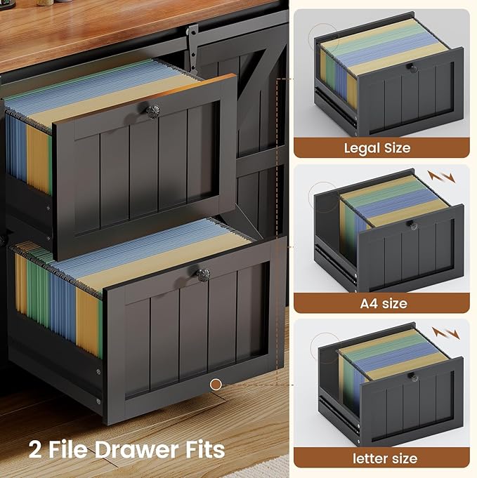 SEDETA 2 Drawer File Cabinet with Power Strip, 41” Farmhouse Filing Cabinet fits Legal, Letter, A4 Size Files for Home Office, Printer Stand with Storage Shelf, Bar Door and LED Lights (Black)