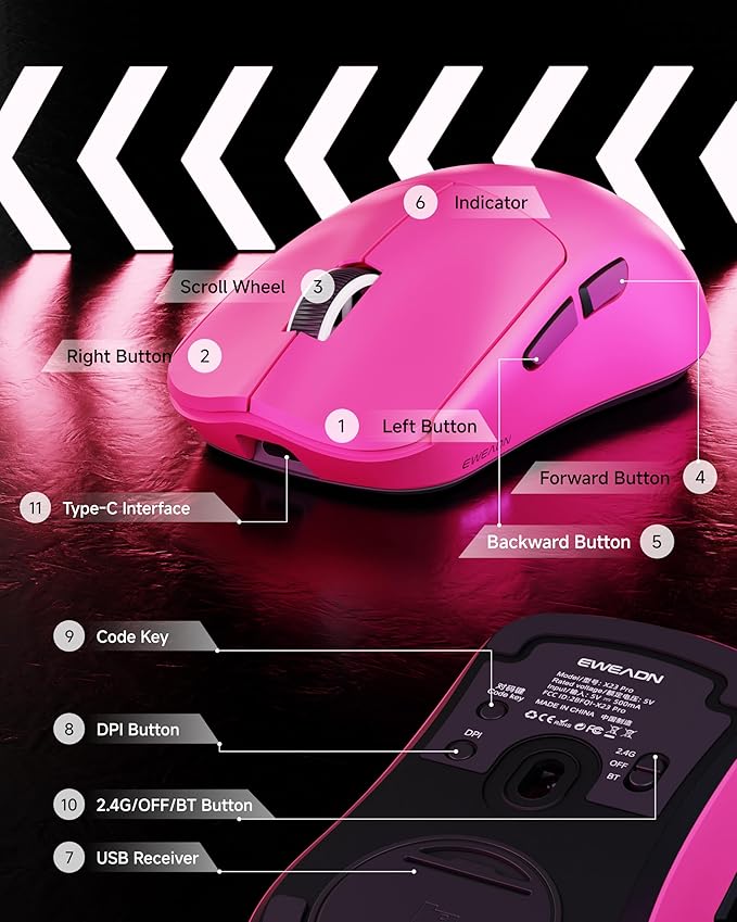EWEAND X23 Pro Wireless Gaming Mouse, Tri-Mode 2.4G/USB-C/Bluetooth 5.4 Mouse, PAW3311 Sensor, 12000 DPI, 59g Lightweight, 1ms Response, Seamless Device Switching Computer Mouse for Laptop/PC/Mac-Pink