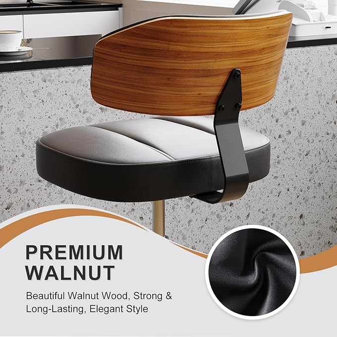 Drafting Chair with Lockable Wheels, Tall Chair Adjustable Stool with Curved Walnut Backrest and Footrest Ring, PU Leather Ergonomic Rolling Chair 300LBS Capacity for Office Workstation(Black)