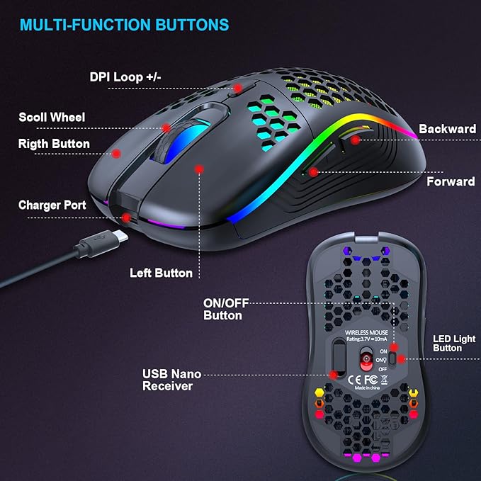 Wireless Gaming Mouse, Rechargeable Computer Mouse Ergonomic Mice Honeycomb Design with RGB Backlight, USB Receiver, 7 Buttons, Adjustable DPI, Wireless Mouse for PC/Mac/Laptop