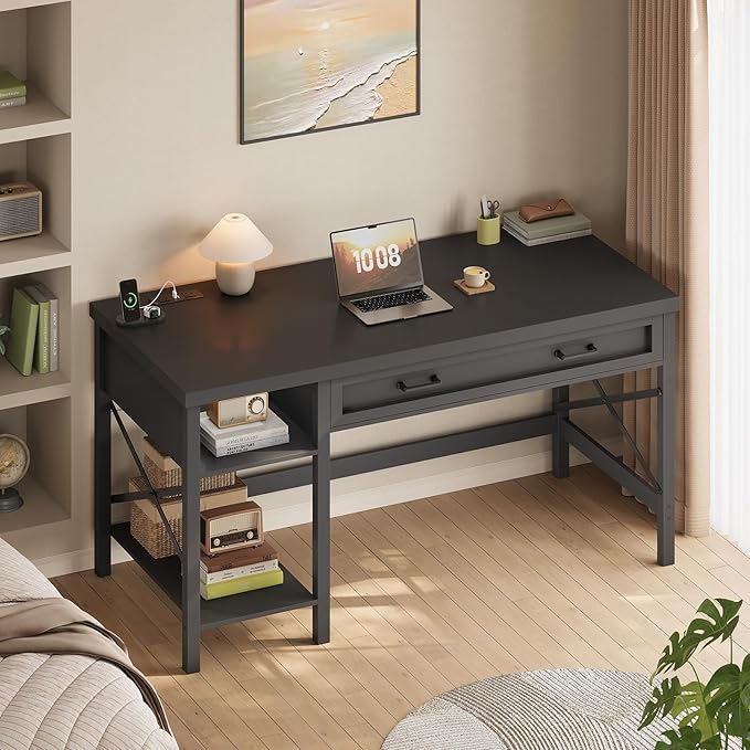 SEDETA 40" Small Computer Desk, Farmhouse Small Desk with Drawer & Storage Shelves, Writing Desk with Power Outlet, Study Table, Desk for Bedroom, Home Office, Black