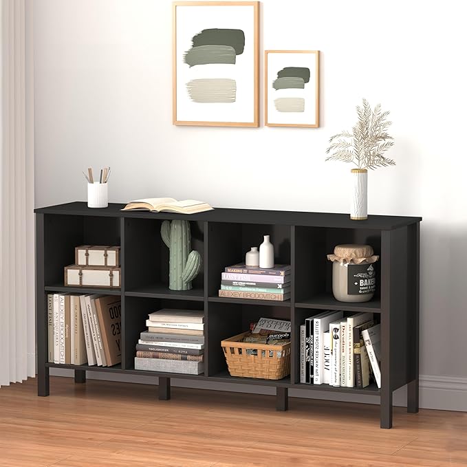 8-Cube Bookcase, Farmhouse Wooden Bookshelf Low Storage Organizer, 59" Horizontal Black Console with Legs, Hallway Book Case for Entryway, Display Cabinet for Living Room (Black, 8-Cube)