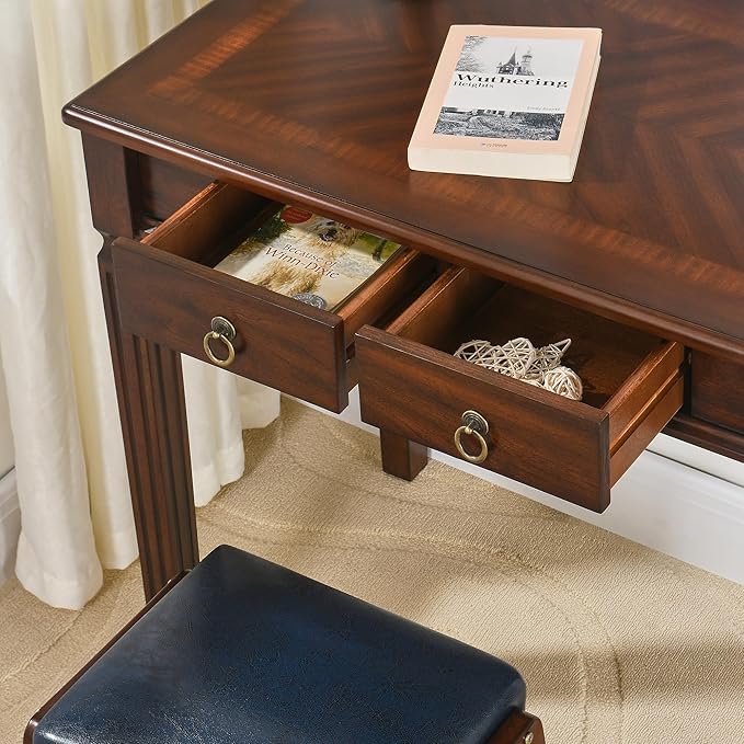 Biaco Small Wood Makeup Vanity Desk Set, Vintage Dressing Vanity Table Set with 2 Drawers & Matching Padded Bench Stool Writing Desk with Button Tufted Cushioned Stool, Cherry&Beige