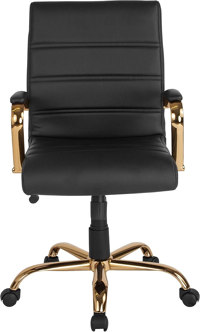 Flash Furniture Whitney Mid-Back Swivel LeatherSoft Desk Chair with Wheels, Padded Seat and Armrests, Adjustable Height Padded Office Chair, Black