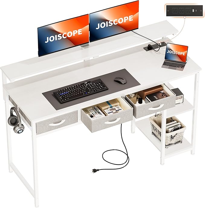 JOISCOPE Home Office Desk with Power Outlets (3AC, USB, Type-C), 55 × 20 Inch Computer Desk with 3 Drawers & Shelves, Laptop Table with Display Riser, Gaming Study Drafting Table for Bedroom, White