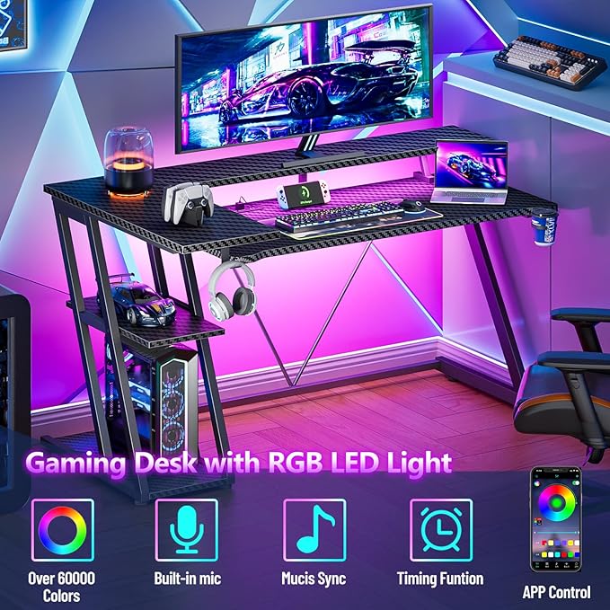 Korfile 55 Inch Gaming Desk with Power Outlet & LED Lights, L Shaped Gamer Computer Table with Storage Shelves for Bedroom, Corner Home Office Desk, Carbon Fiber Black