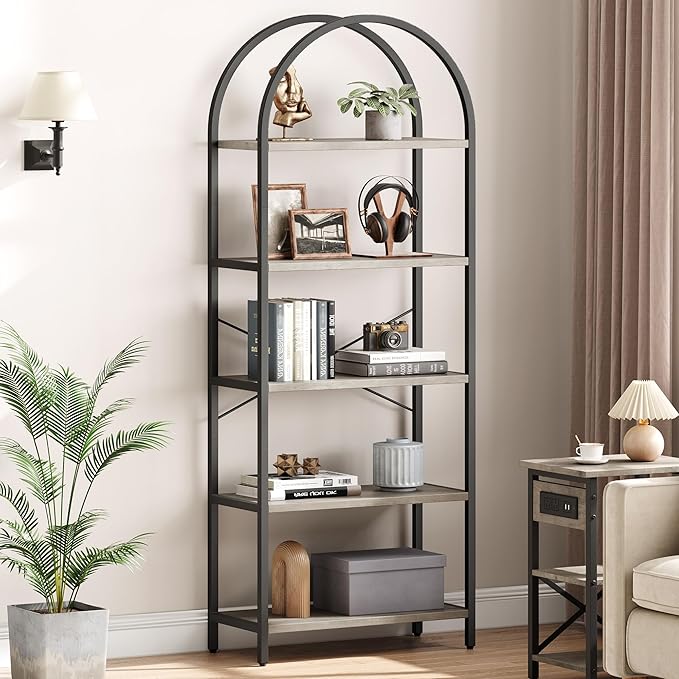 IDEALHOUSE Bookshelf 5 Tier Bookcase Arched Display Racks Tall Standing Bookshelves Metal Frame Modern Storage Rack Shelf Large Wood Book Shelf for Bedroom, Living Room, Home Office (Grey)