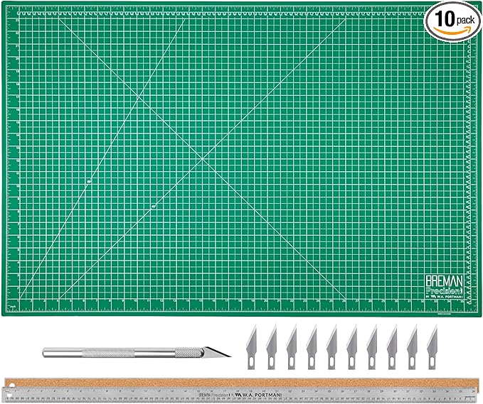 WA Portman 24x36 Inch Self Healing Cutting Mats for Crafts – Fabric Cutting Mat with Precision Craft Knife, 10#11 Hobby Knife Blades & Metal Ruler 36 Inch Cork Backed Ruler – All-in-One Craft Kit