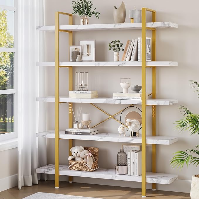 OtterOasis Heavy Duty 5-Tier Industrial Bookcase, 47" Wide Wood Bookshelf for Home Office, 120lbs Shelf Capacity, Shelving Display with Reinforced Horizontal Shelf for Living Room Bedroom,White