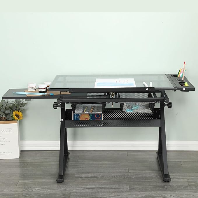 Henf Drafting Table, Height Adjustable Glass Drafting Table Art Desk with Drawers, Art Table Painting Table Art Craft Desk with 0-75° Tilting Glass Tabletop and Storage for Home Office,Black