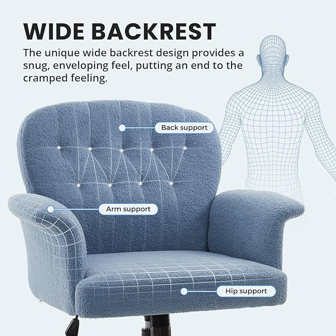 IWMH Home Office Desk Chair, Teddy Fabric Cozy Desk Chair with Wheels and Arms, Modern Upholstered High Back Wide Seat Vanity Chair for Bedroom Living Room Makeup (Blue)