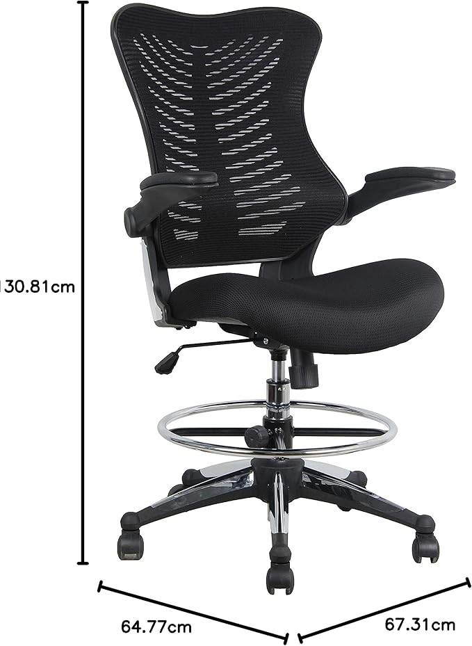 OfficeFactor 300 Lbs Tall Drafting Chair with Adjustable Foot Ring & Flip-Up Arms – Ergonomic Standing Desk Chair, Breathable Mesh Office Chair for Tall Desks, Counter Height & Reception(Black)