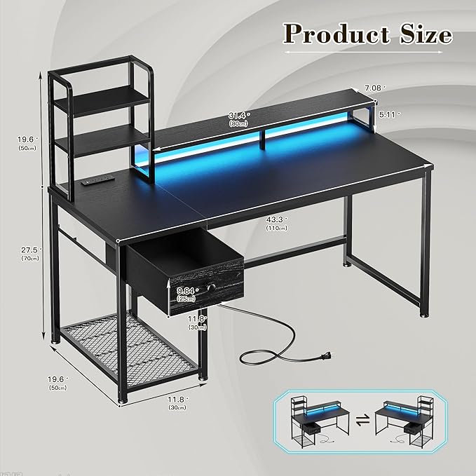 44 Inch Gaming Desk with Hutch and Drawers,Reversible Computer Desk with Monitor Shelf,Home Office Desks with USB Power Outlets and Storage,Pc Small Gaming Desk for Office with LED Lights,Black
