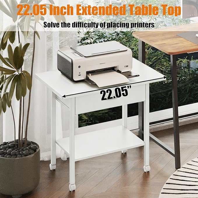 22" x 15" Under Desk Rolling Printer Stand, 2-Tier Industrial Mobile Printer Table with Strong Fabric Drawer, Storage Shelf, Steel Frame and Lockable Wheels, Printer Cart for Home Office (White)