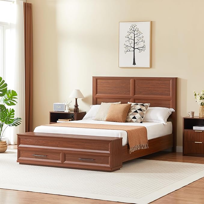Queen Size Bed with 3D Geometric Headboard & Storage Bench - 4-Drawer Storage, Modern Bedroom Furniture, Walnut. The 3D geometric grid pattern on the headboard exudes modern charm, blending refineme