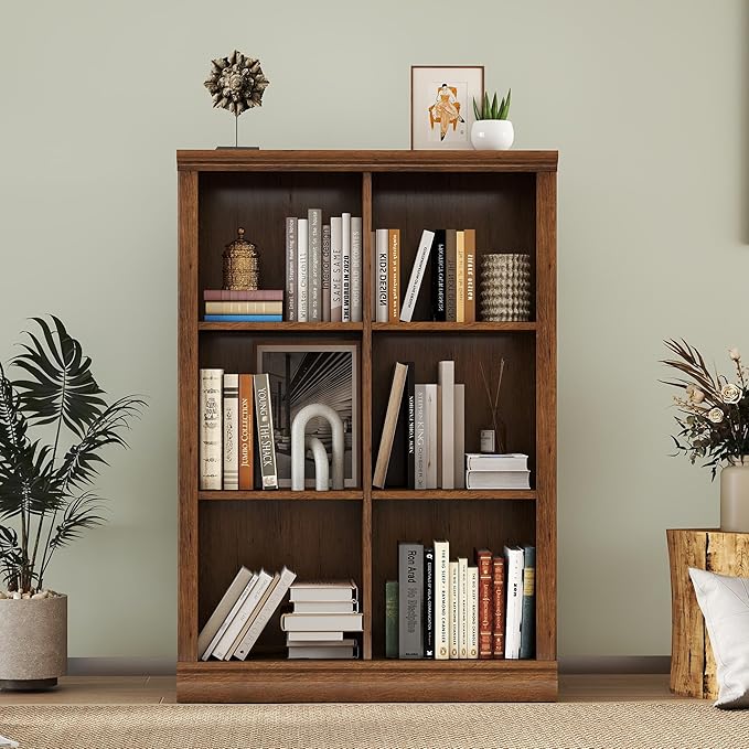 Bevfint 6 Cube Storage Organizer Bookcase - 3 Tiers 6 Storage Cube Adjustable Space Book Case, Display Cabinet Organizer, 30 inch Width Horizontal Bookshelf for Home Library Office, Vintage Oak