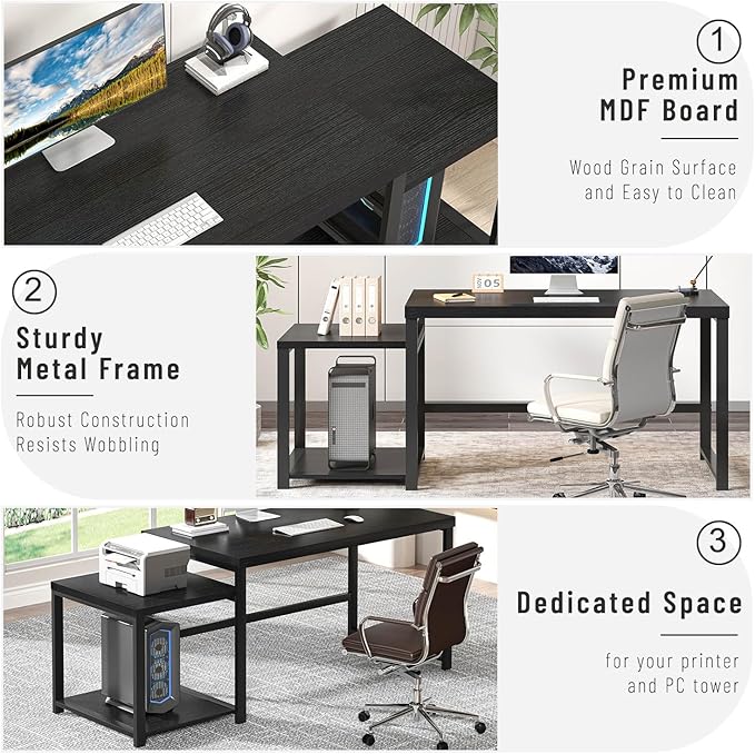 FOLUBAN Large Home Office Desk, Black Computer Desk with Storage Shelves, Modern Wood Writing Study Gaming Table for Bedroom Living Room, 63 Inch