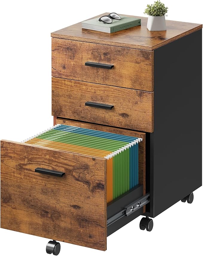 DEVAISE 3 Drawer Wood Mobile File Cabinet, Rolling Filing Cabinet for Letter/A4 Size, Rustic Brown