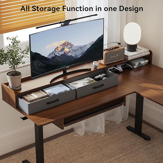 WALKINGDESK 63 Inches Height Adjustable L Shaped Standing Desk with 2 Drawers and Keyboard Tray, Electric Sit to Stand Home Office Comupter Table, Ergonomic Corner Gaming Desk, Black Walnut