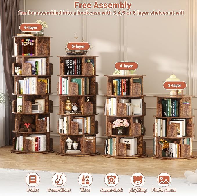 Besiost Rotating Bookshelf Tower, 6 Tier Spinning Bookcase, Revolving 360 Book Shelf Narrow Tall Bookcase, Vertical Turning Round Bookshelf Organizer, Corner Bookshelf for Small Space, Rustic Brown