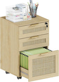 HOPUBUY 3 Drawer File Cabinet with Lock, Rattan File Cabinets with Wheels, Small Filing Cabinet for Hanging A4/Letter/Legal/F4, Rolling Wood Filing Cabinets for Under Desk Home Office, Natural Wood