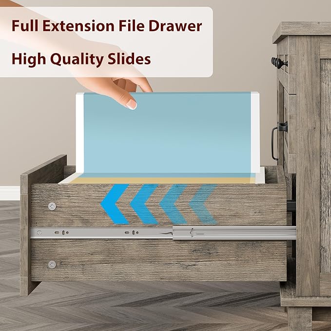 GarveeHome Farmhouse Executive Desk with File Drawers, 60 in Home Office Desk with Charging Station, Wooden Computer Desk with Cabinet Storage for Work Study Writing, Rustic Gray