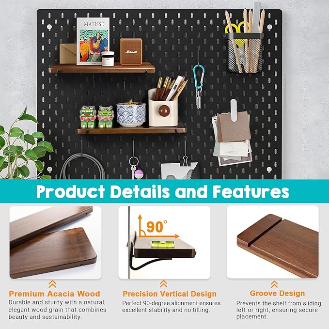 Walnut Color Pegboard Shelf, Pegboard Accessories, Wooden Pegboard Shelves with Pegboard Hooks, Compatible with IKEA Skadis Pegboard (4 pcs)