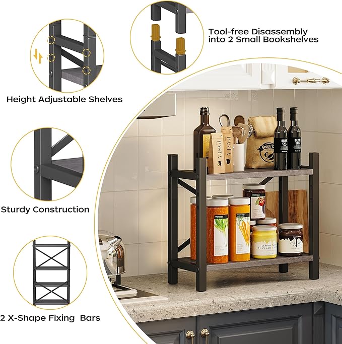 Desktop Bookshelf, 4-Tier Stackable Narrow Bookcase, Adjustable Industrial Desk Organizer & Hutch - Rustic Brown Wood Desktop Book Organizer for Living Room, Bedroom & Home Office