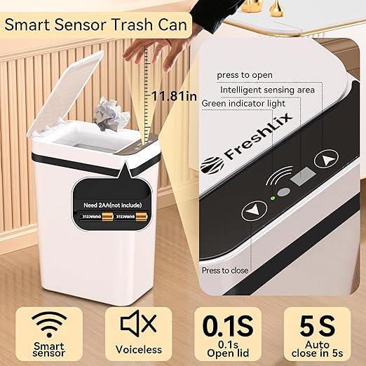 FRESHLIX 3 Pack Bathroom Trash Can 2.6 Gallon Small Touchless Automatic Motion Sensor Trash Cans Slim Waterproof Garbage Bin with Lid for Kitchen, Office, Bedroom White