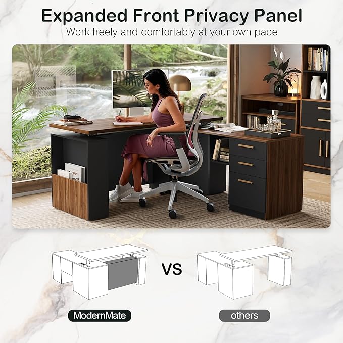 ModernMate Office Furniture Set, 63" L Shaped Standing Desk with File Cabinet, AC/USB, Office Desk Set with 73" Book Shelf, Home Office Furniture Sets, Black Walnut